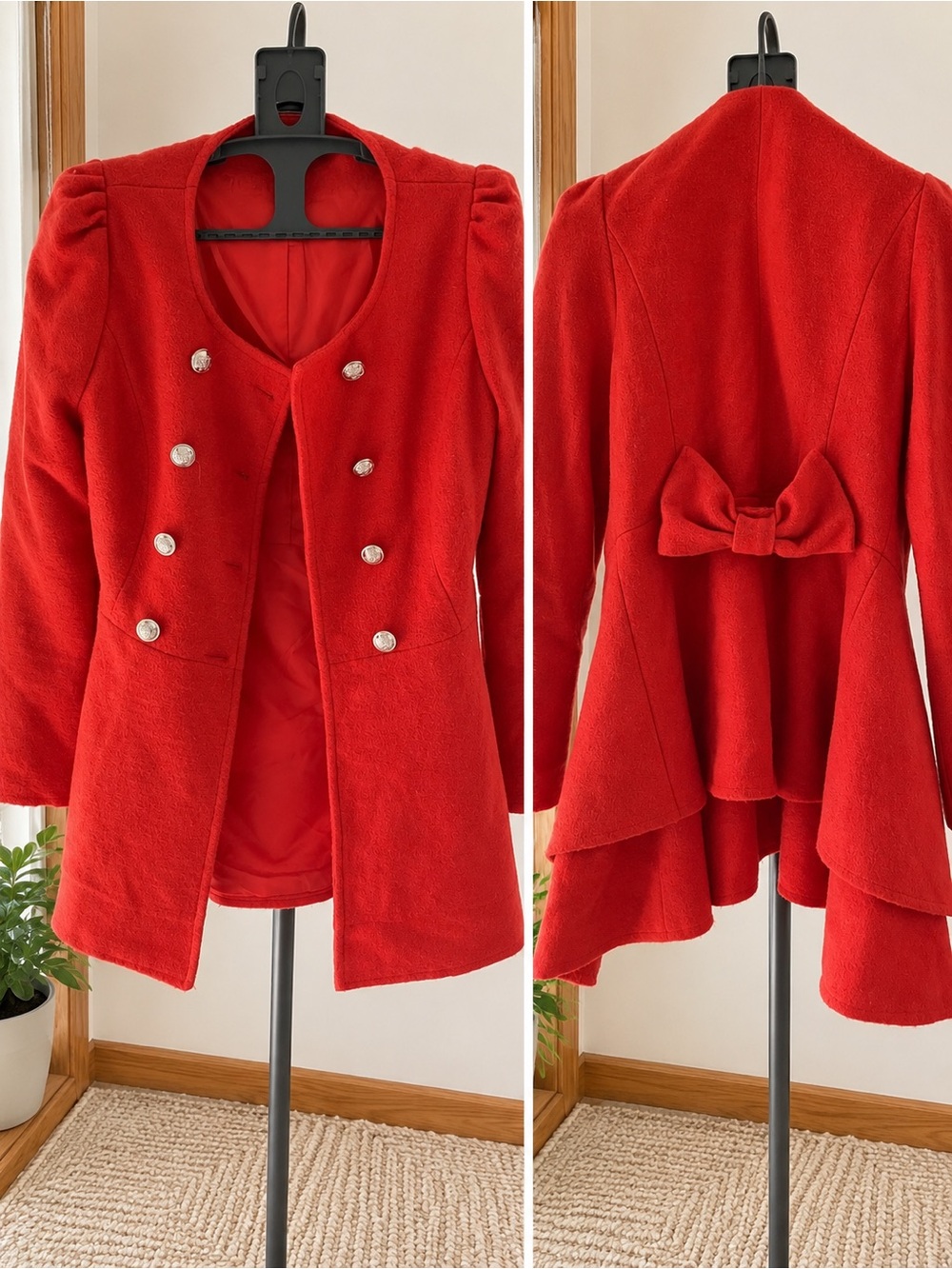 Orange Double-Breasted Bow Back Peplum Light Wool Coat – Gold Button Jacket